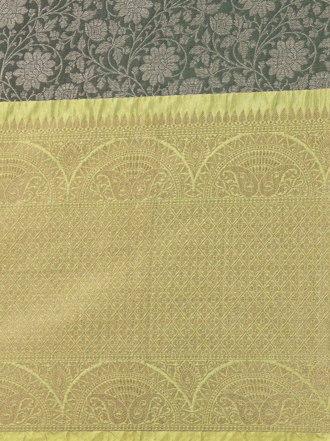 Faishana Presents Presents Bottle Green Zari Patan Patola Contrast Zari Brocade Pistachio Pattu Border Banarasi Saree.