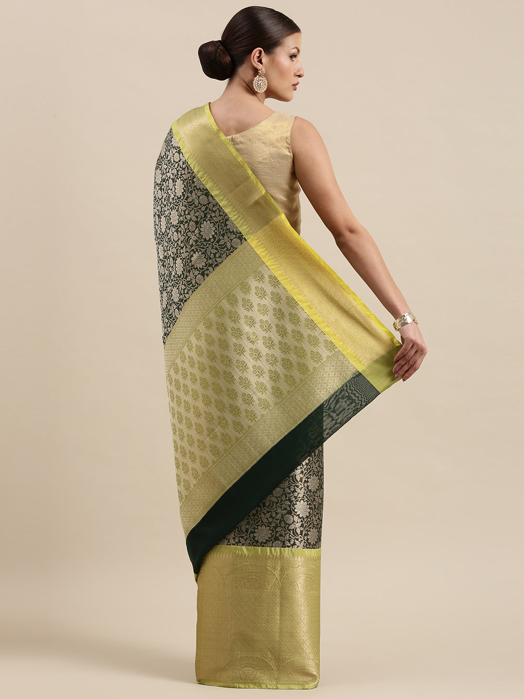 Faishana Presents Presents Bottle Green Zari Patan Patola Contrast Zari Brocade Pistachio Pattu Border Banarasi Saree.