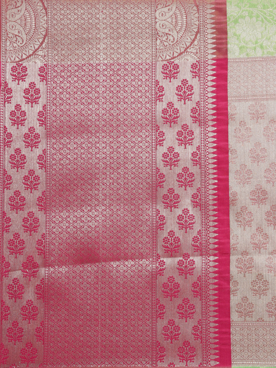 Faishana Presents Presents Green Kanchi Silk Zari Brocade Contrast Zari Brocade Pink Pattu Border Banarasi Saree.