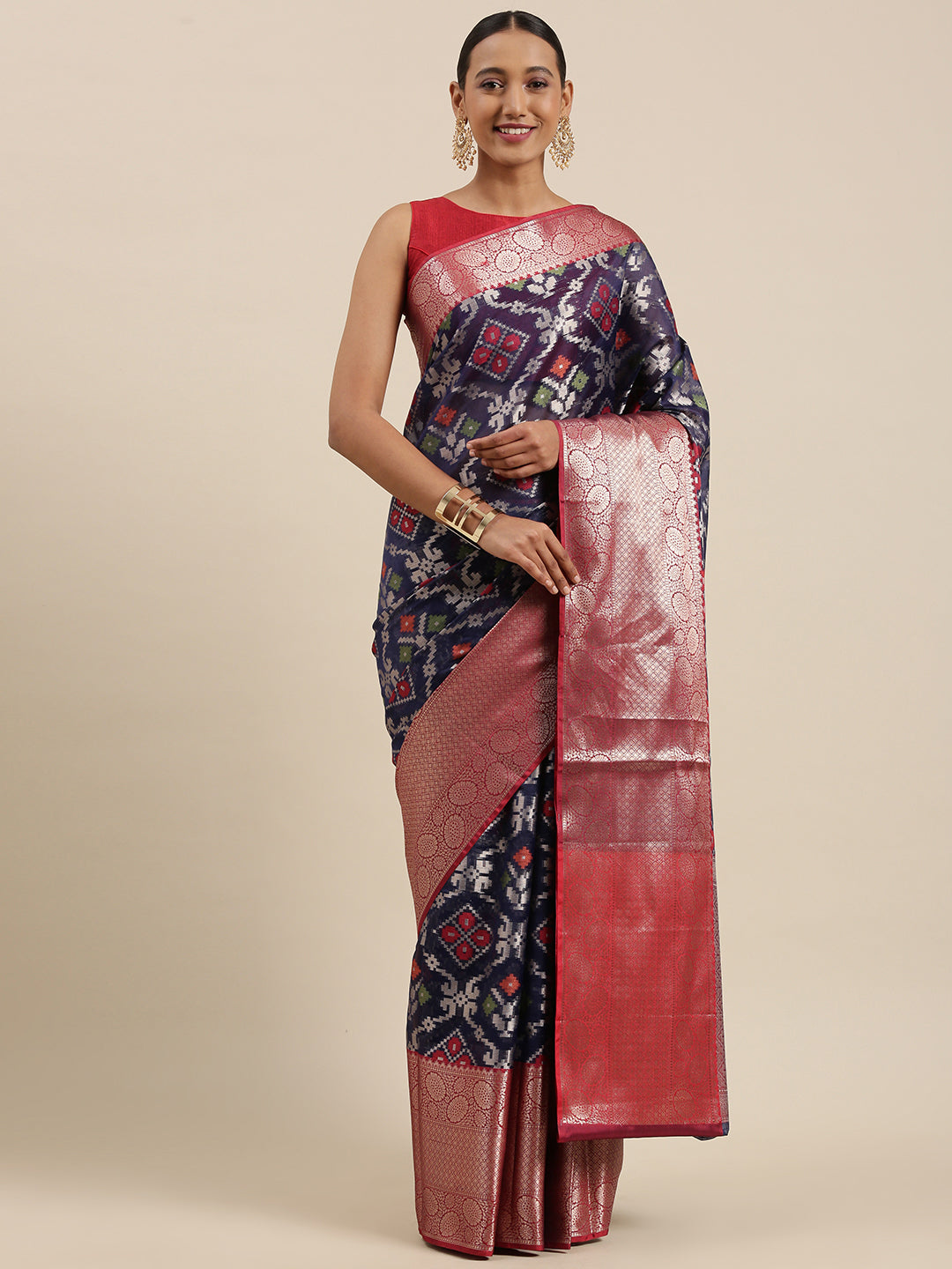 Faishana Presents Presents Navy Blue Zari Patola Contrast Zari Brocade Maroon Pattu Border Banarasi Saree.