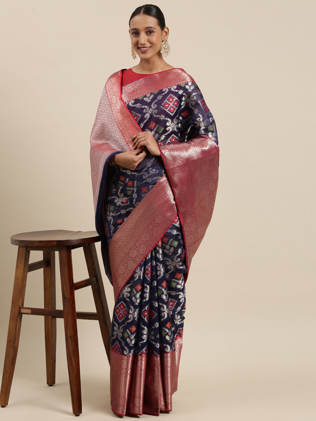 Faishana Presents Presents Navy Blue Zari Patola Contrast Zari Brocade Maroon Pattu Border Banarasi Saree.