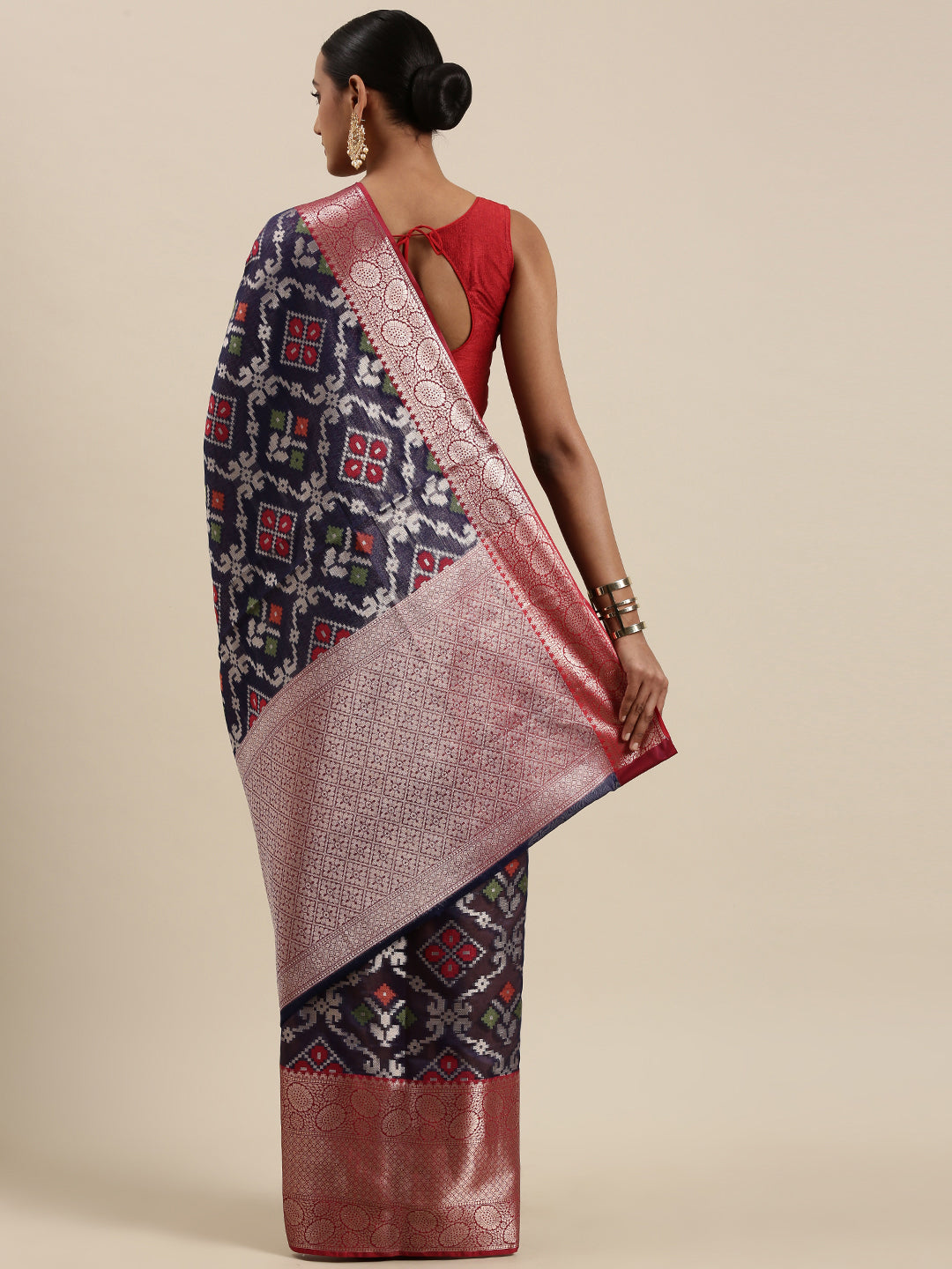 Faishana Presents Presents Navy Blue Zari Patola Contrast Zari Brocade Maroon Pattu Border Banarasi Saree.