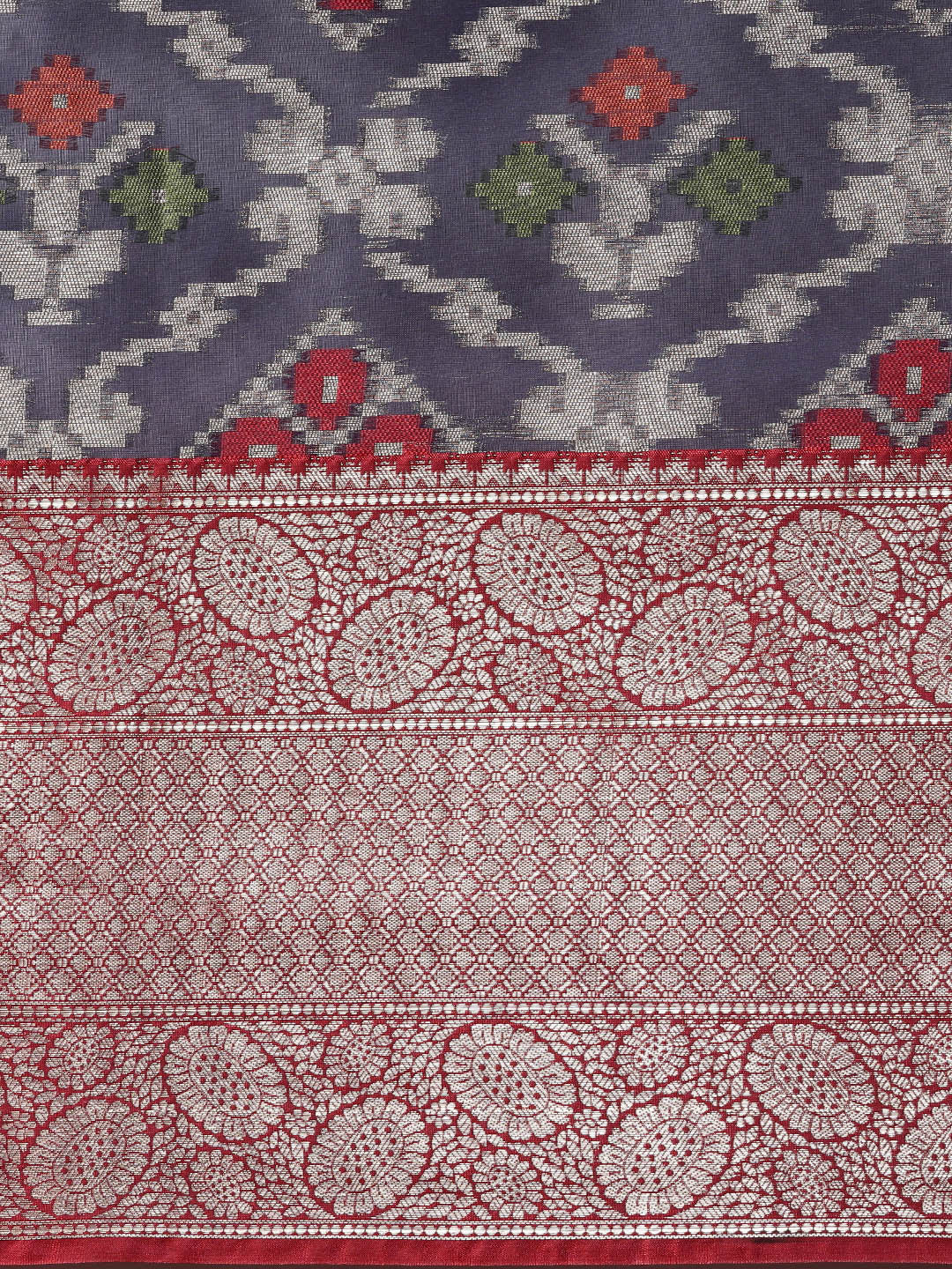 Faishana Presents Presents Navy Blue Zari Patola Contrast Zari Brocade Maroon Pattu Border Banarasi Saree.