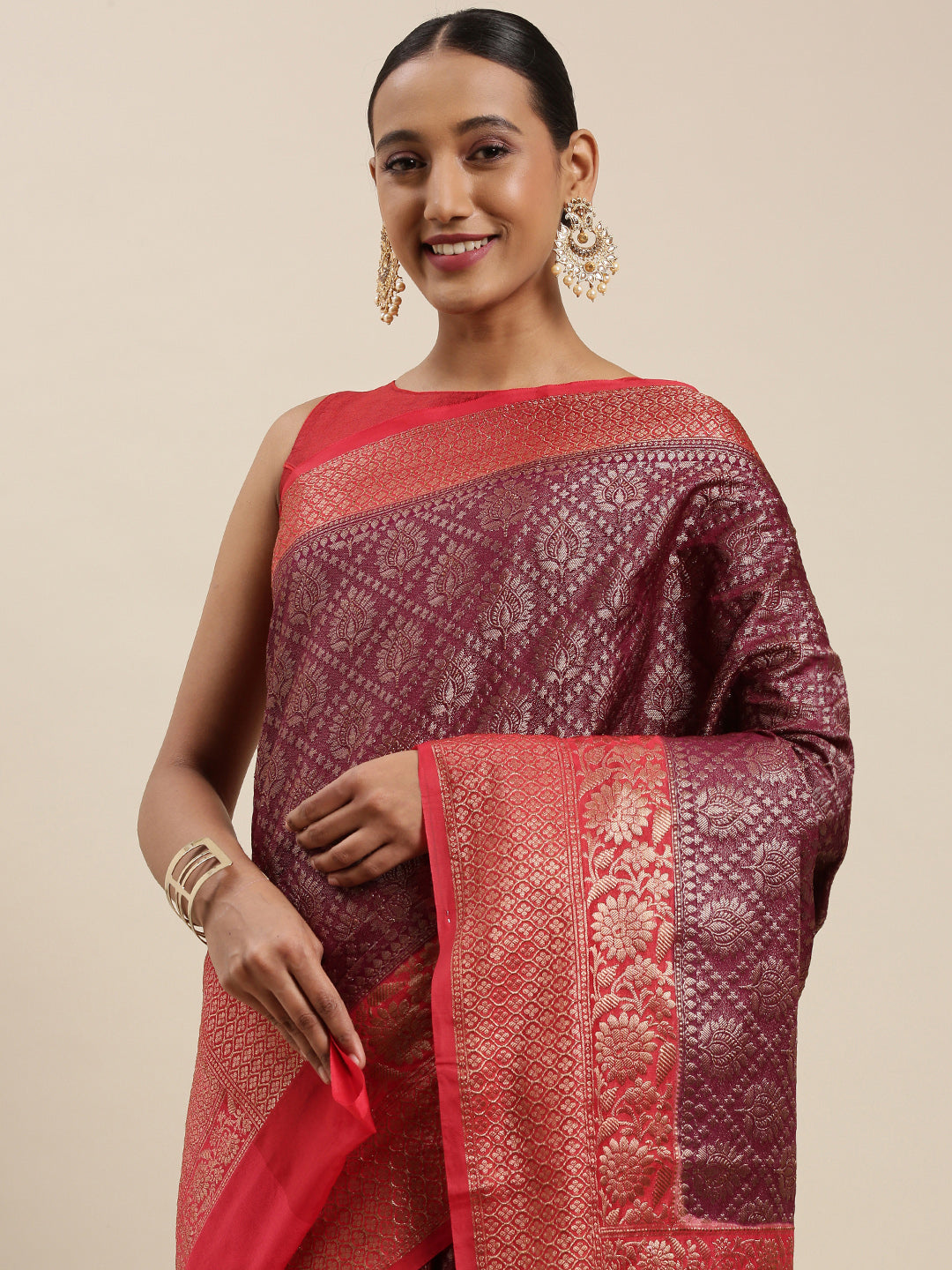 Brown Cotton Blend Banarasi Sarees For Women GECT25