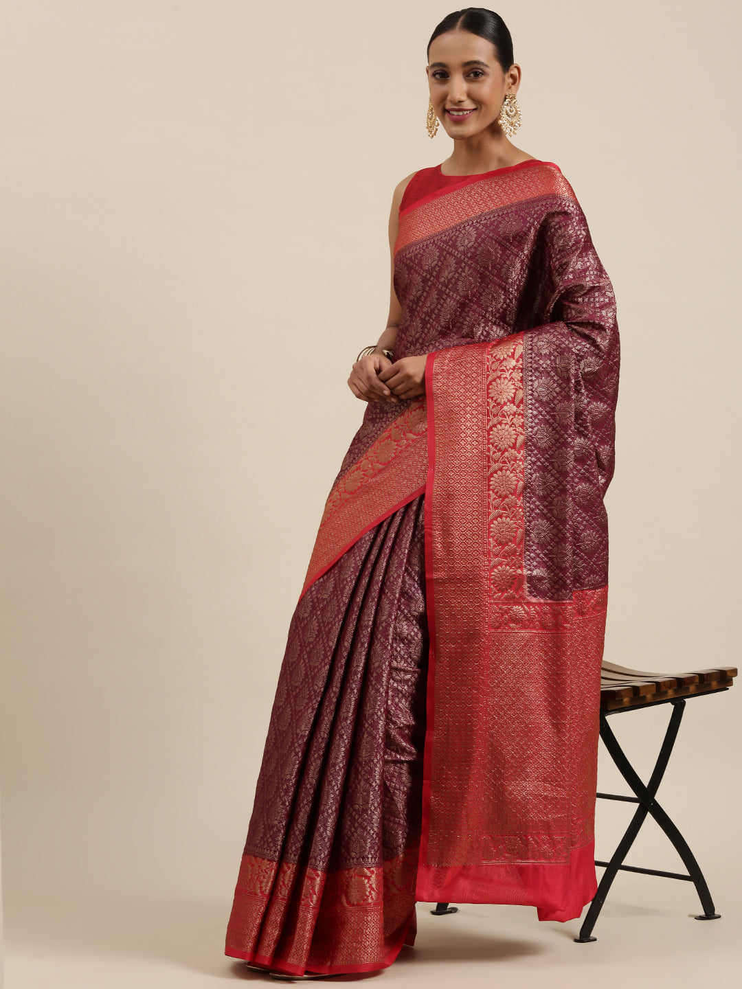 Brown Cotton Blend Banarasi Sarees For Women GECT25