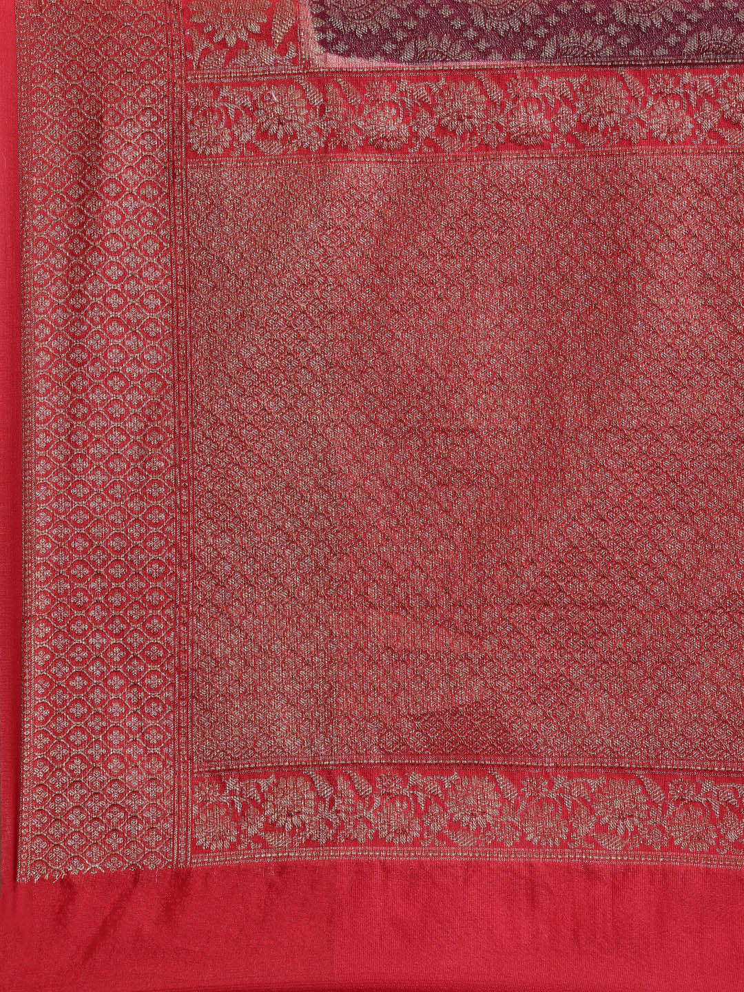 Faishana Presents Brown Cotton Silk Zari Brocade Kadiyal Contrast Red Border Banarasi Saree