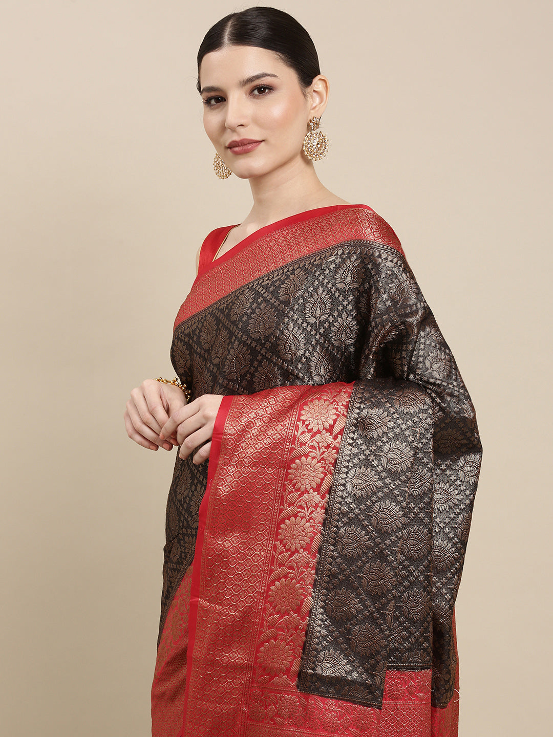 Black Cotton Blend Banarasi Sarees For Women GECT26