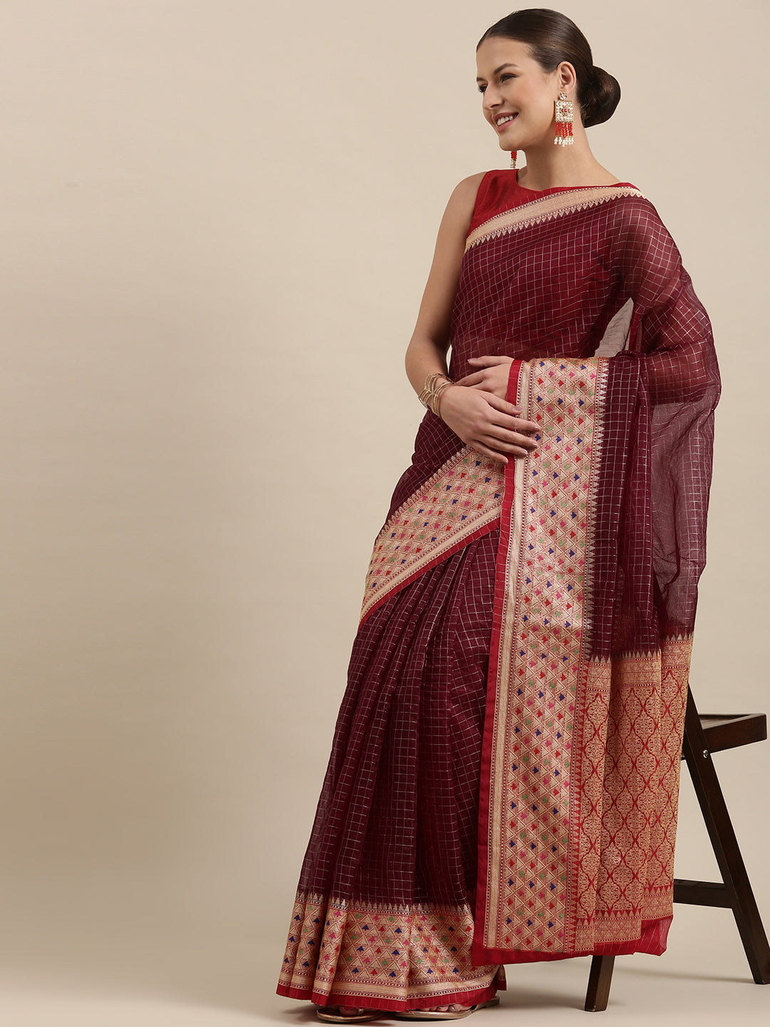 Faishana Presents Brown Organza Zari Check With Skirt Tilfi Kadiyal Contrast Red Border Banarasi Saree
