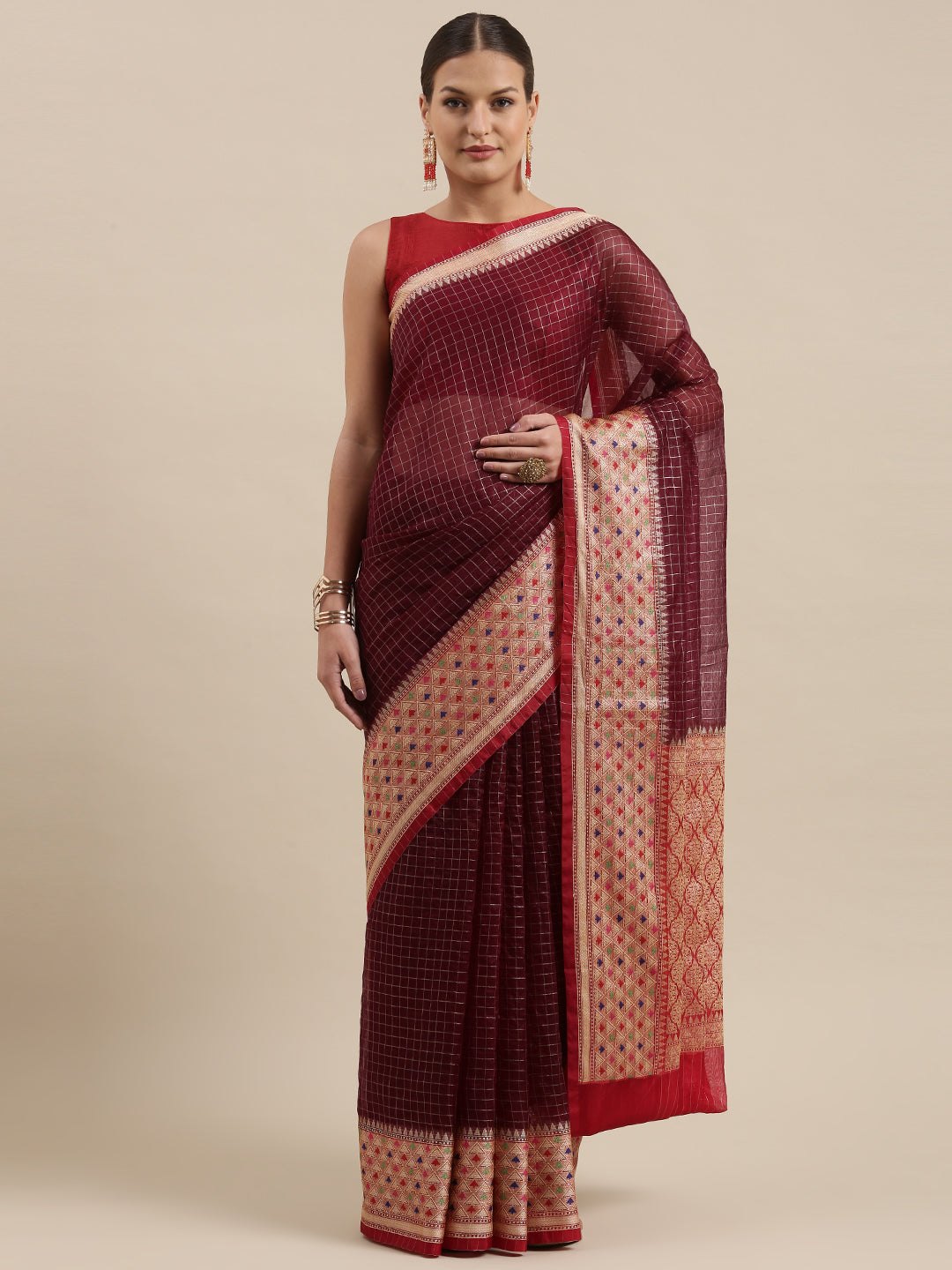 Faishana Presents Brown Organza Zari Check With Skirt Tilfi Kadiyal Contrast Red Border Banarasi Saree
