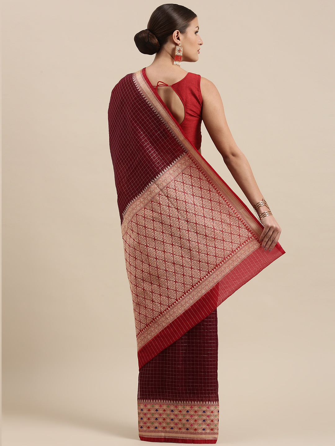Faishana Presents Brown Organza Zari Check With Skirt Tilfi Kadiyal Contrast Red Border Banarasi Saree