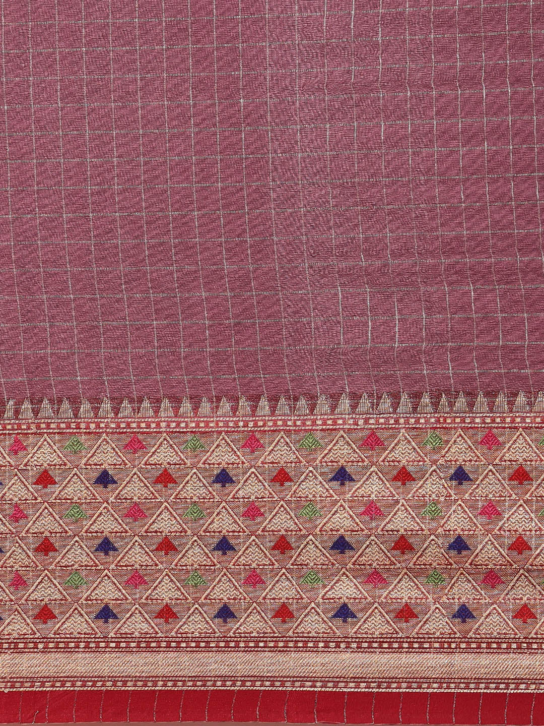 Faishana Presents Brown Organza Zari Check With Skirt Tilfi Kadiyal Contrast Red Border Banarasi Saree