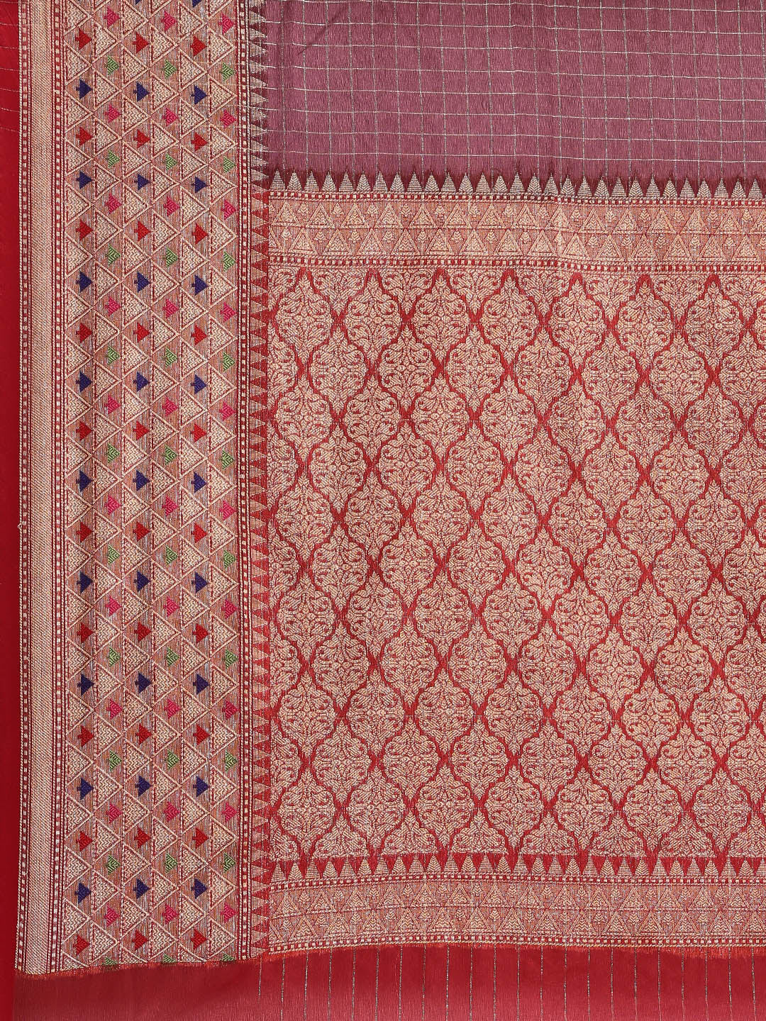 Faishana Presents Brown Organza Zari Check With Skirt Tilfi Kadiyal Contrast Red Border Banarasi Saree