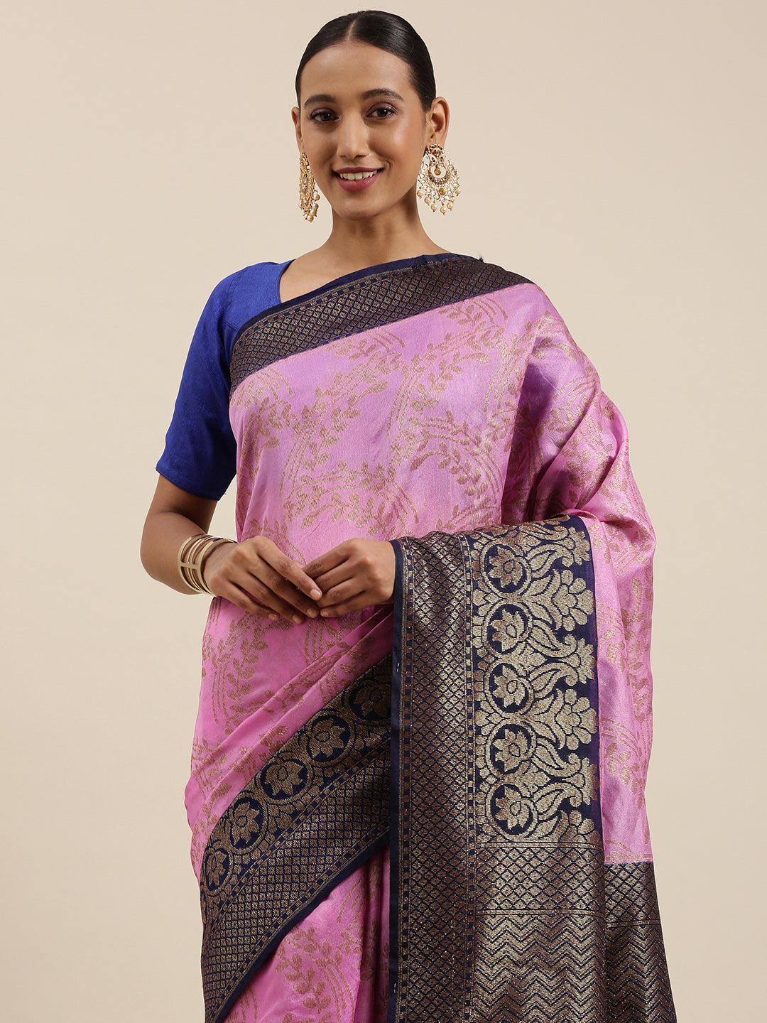 Faishana Presents Handwoven Pink Dupion Silk Jaal Skirt Border With Blue Blouse Banarasi Saree