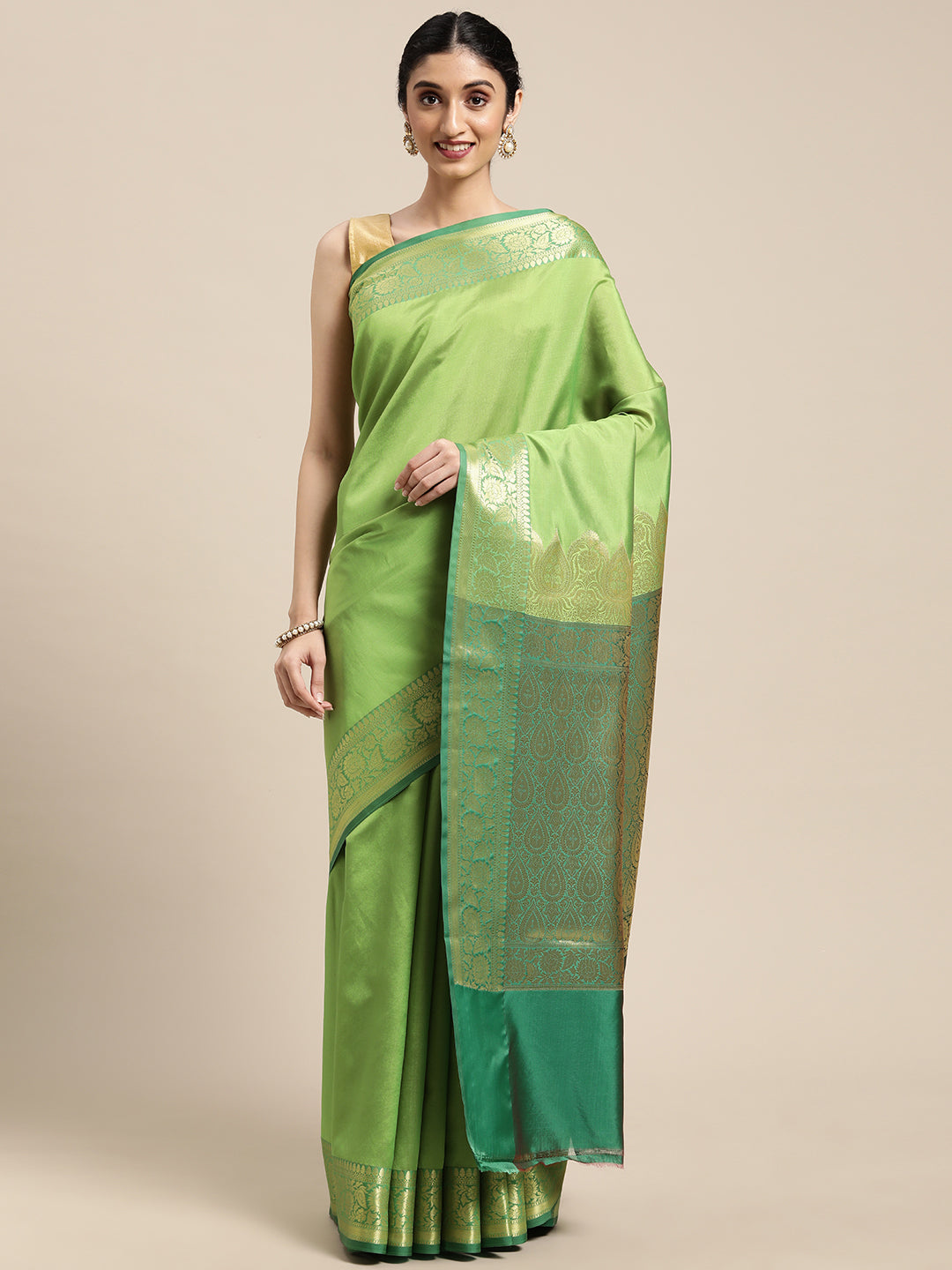 Faishana Presents Green Katan Silk Plain Zari Anchal With Contrast Green Zari Border Banarasi Saree