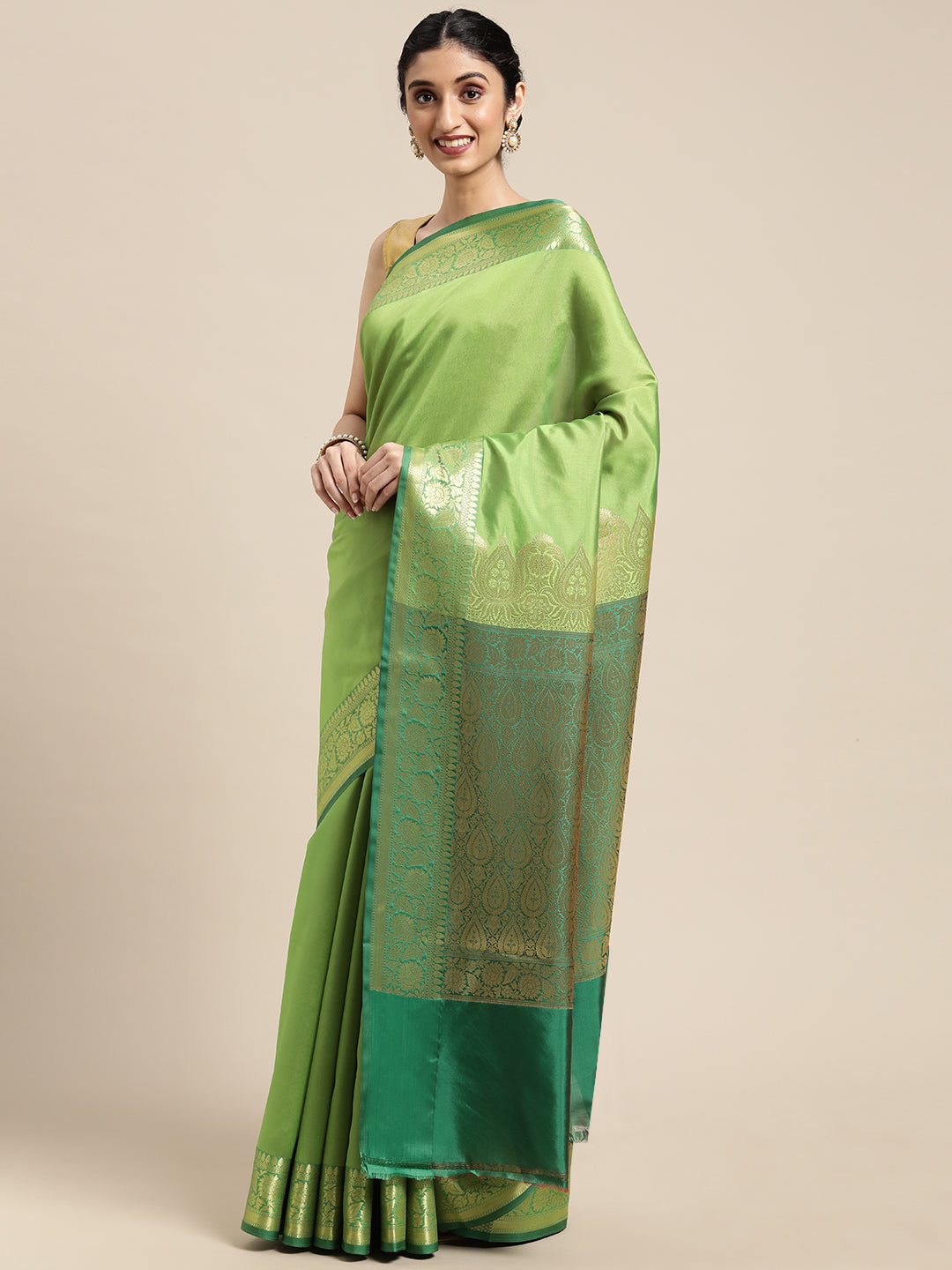 Faishana Presents Green Katan Silk Plain Zari Anchal With Contrast Green Zari Border Banarasi Saree