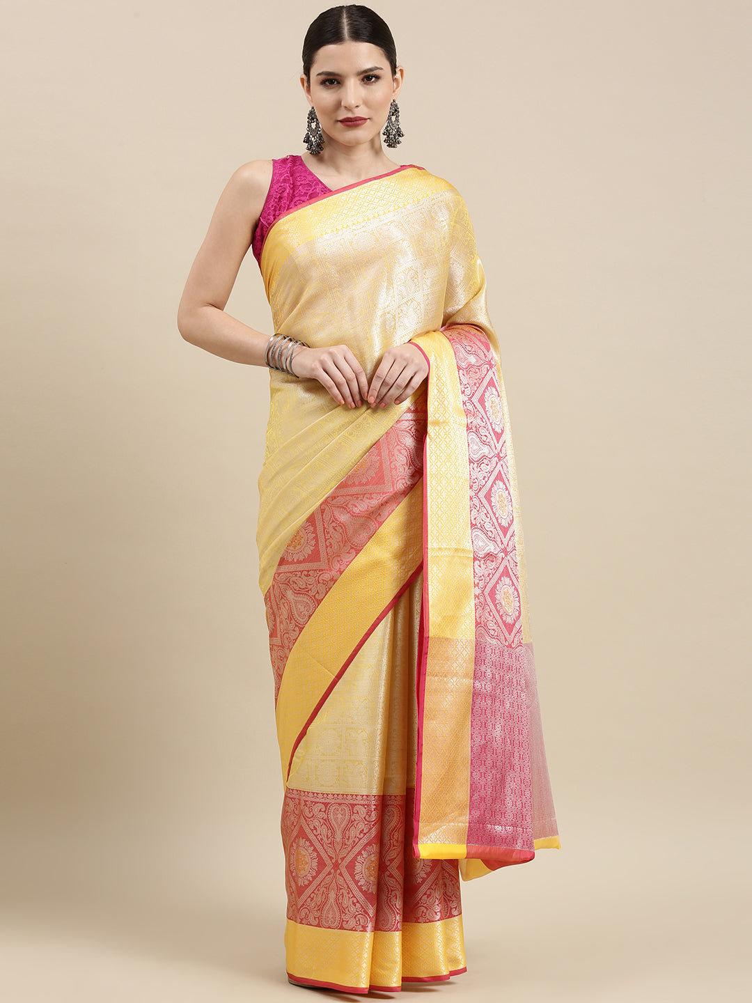 Faishana Presents Gold Silver Zari Kanchi Silk Tanchoi Brocade Contrast Red Skirt Meena Border Banarasi Saree