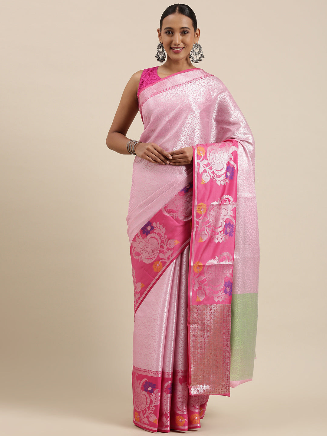 Faishana Presents Pink Silver Zari Kanchi Silk Tanchoi Brocade Contrast Pink Skirt Meena Border Banarasi Saree