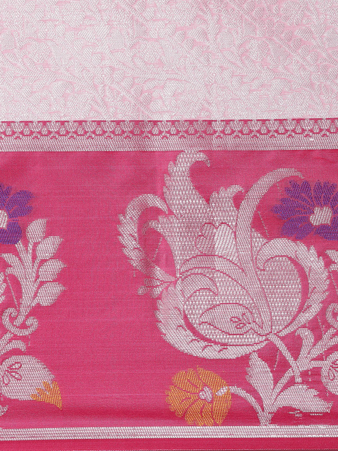 Faishana Presents Pink Silver Zari Kanchi Silk Tanchoi Brocade Contrast Pink Skirt Meena Border Banarasi Saree