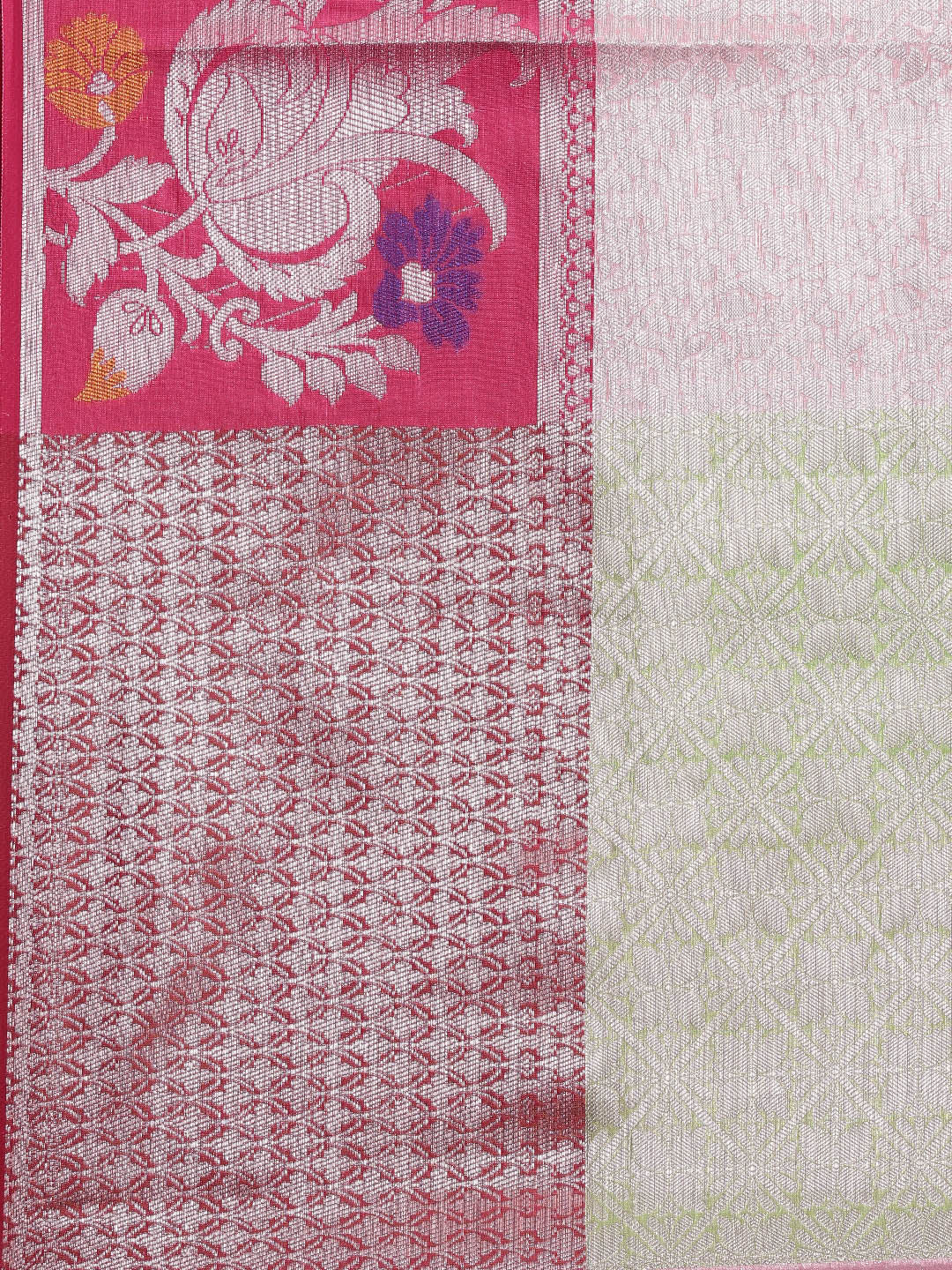 Faishana Presents Pink Silver Zari Kanchi Silk Tanchoi Brocade Contrast Pink Skirt Meena Border Banarasi Saree