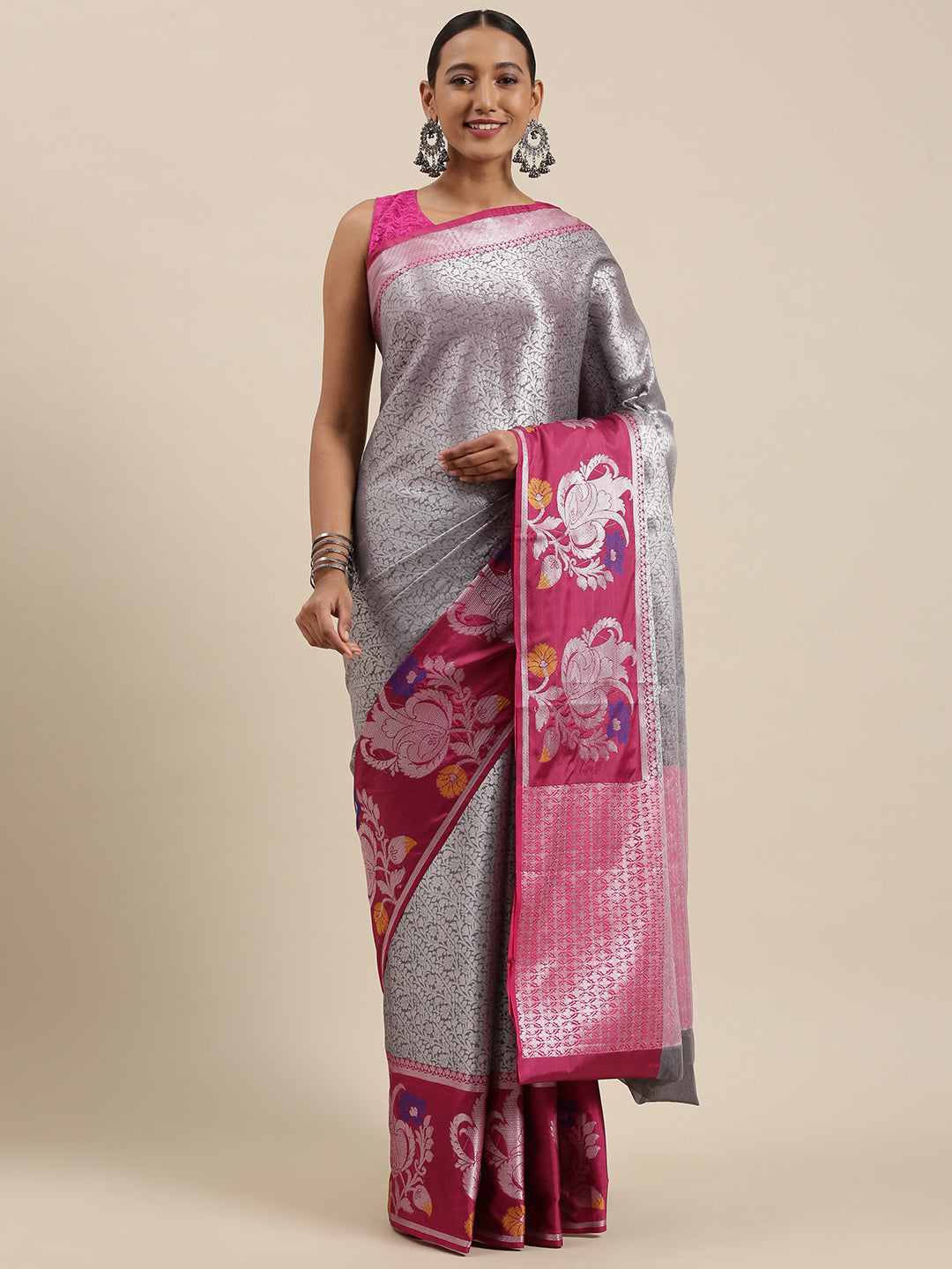 Faishana Presents Grey Silver Zari Kanchi Silk Tanchoi Brocade Contrast Pink Skirt Meena Border Banarasi Saree