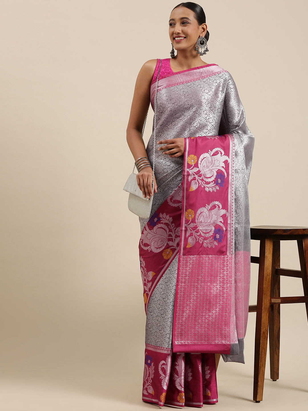 Grey Kanjeevaram Banarasi Sarees For Women GEMA23