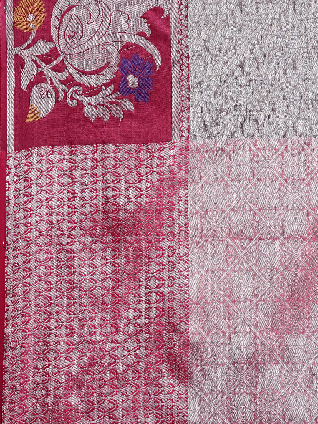 Faishana Presents Grey Silver Zari Kanchi Silk Tanchoi Brocade Contrast Pink Skirt Meena Border Banarasi Saree