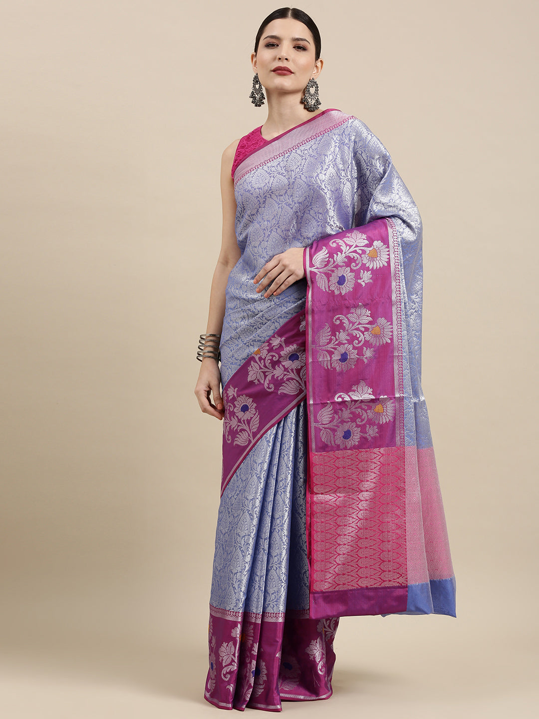 Faishana Presents Blue Silver Zari Kanchi Silk Tanchoi Brocade Contrast Magenta Skirt Meena Border Banarasi Saree