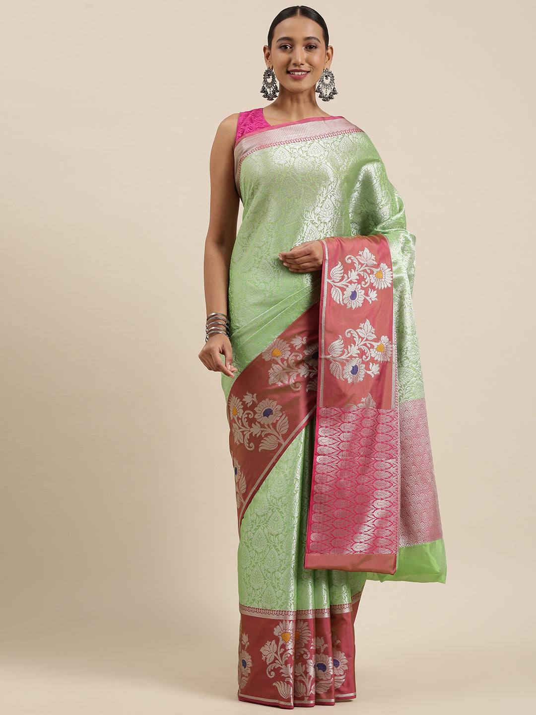Faishana Presents Green Silver Zari Kanchi Silk Tanchoi Brocade Contrast Maroon Skirt Meena Border Banarasi Saree
