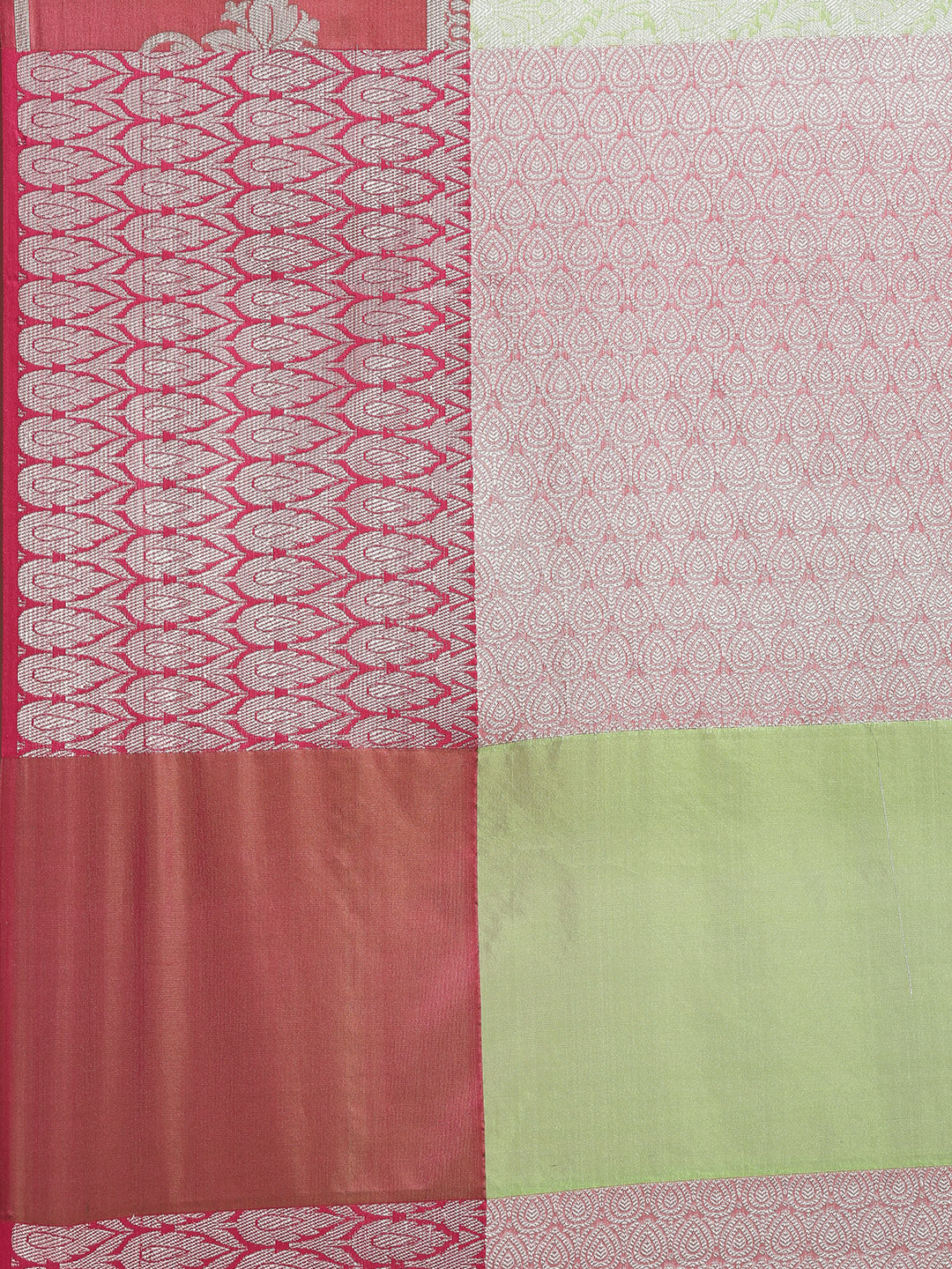 Faishana Presents Green Silver Zari Kanchi Silk Tanchoi Brocade Contrast Maroon Skirt Meena Border Banarasi Saree