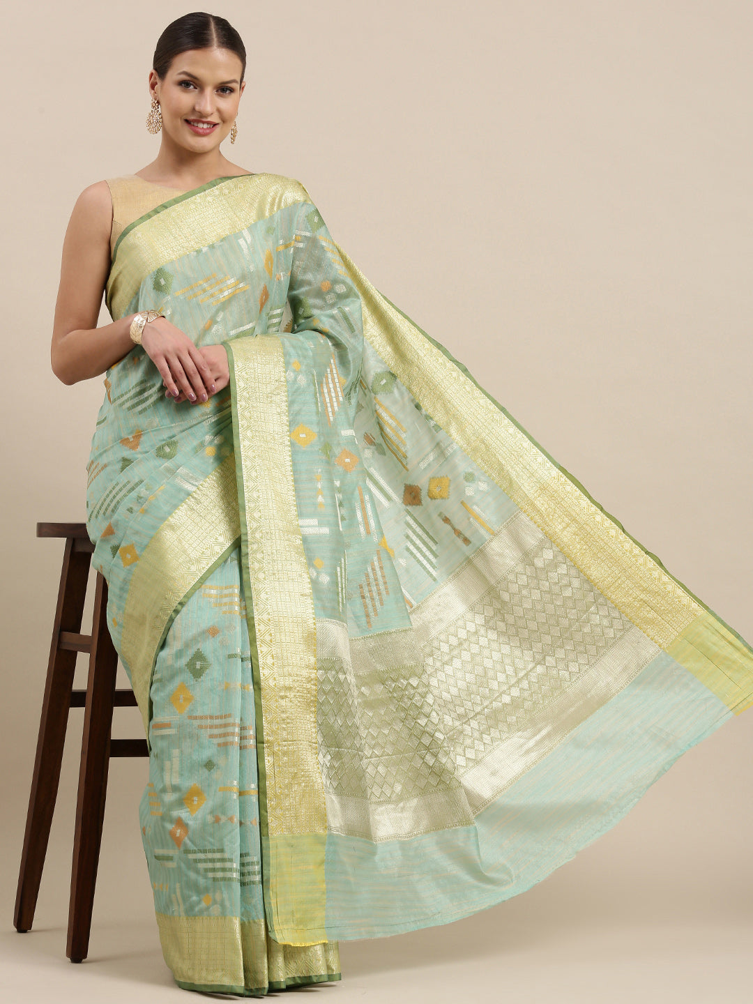 Faishana Presents Handwoven Seagreen Mulberry Silk Geometrical Motif Tilfi Zari Border With Parrot Green Blouse Banarasi Saree