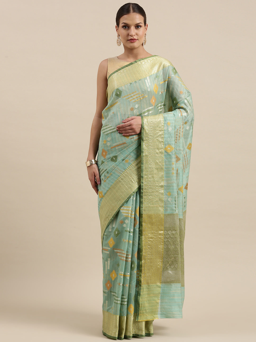 Faishana Presents Handwoven Seagreen Mulberry Silk Geometrical Motif Tilfi Zari Border With Parrot Green Blouse Banarasi Saree
