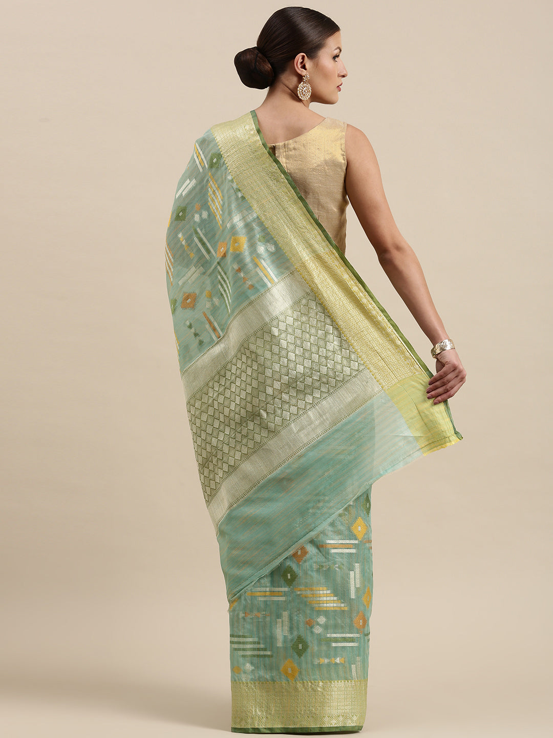 Faishana Presents Handwoven Seagreen Mulberry Silk Geometrical Motif Tilfi Zari Border With Parrot Green Blouse Banarasi Saree