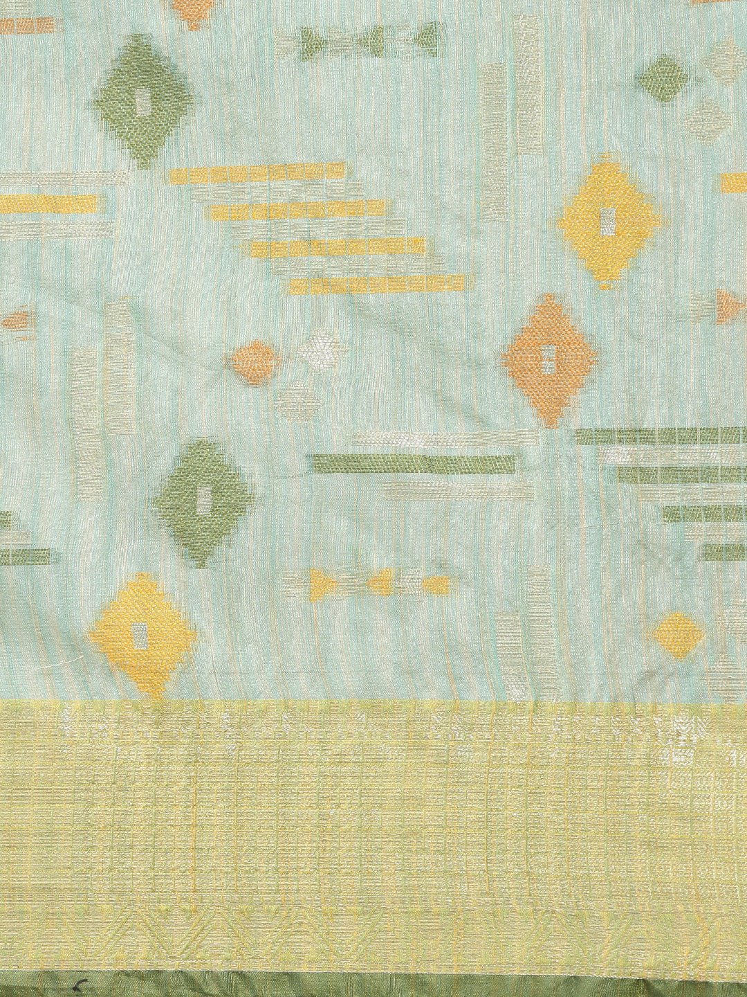 Faishana Presents Handwoven Seagreen Mulberry Silk Geometrical Motif Tilfi Zari Border With Parrot Green Blouse Banarasi Saree