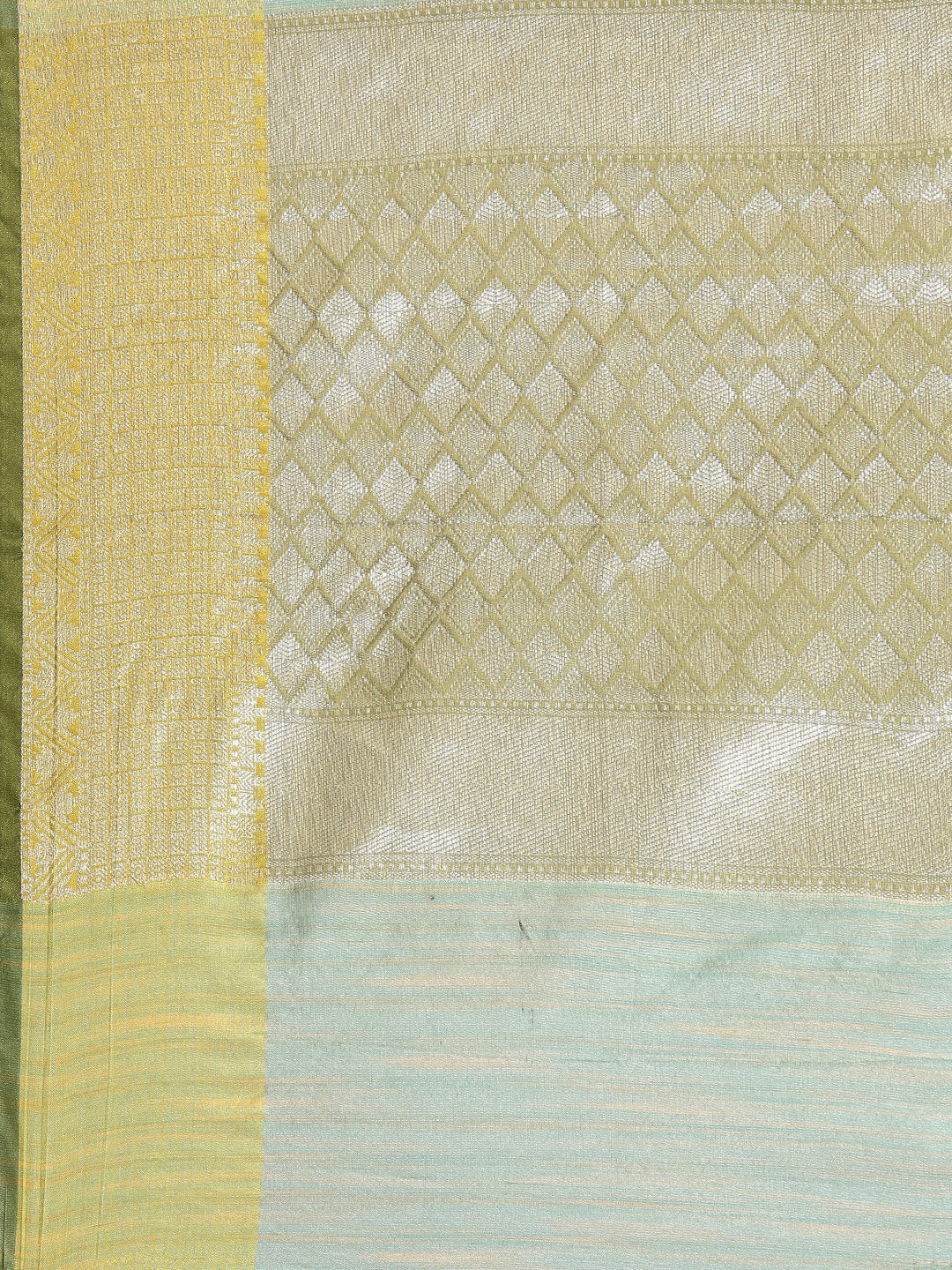 Faishana Presents Handwoven Seagreen Mulberry Silk Geometrical Motif Tilfi Zari Border With Parrot Green Blouse Banarasi Saree