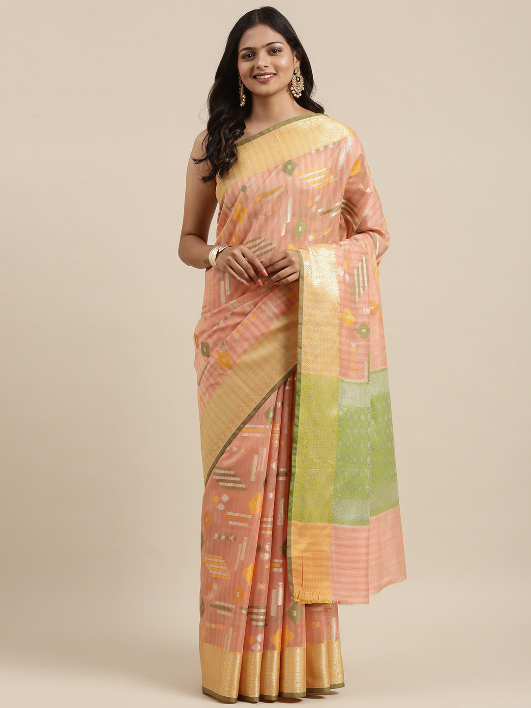 Faishana Presents Handwoven Peach Mulberry Silk Geometrical Motif Tilfi Zari Border With Parrot Green Blouse Banarasi Saree