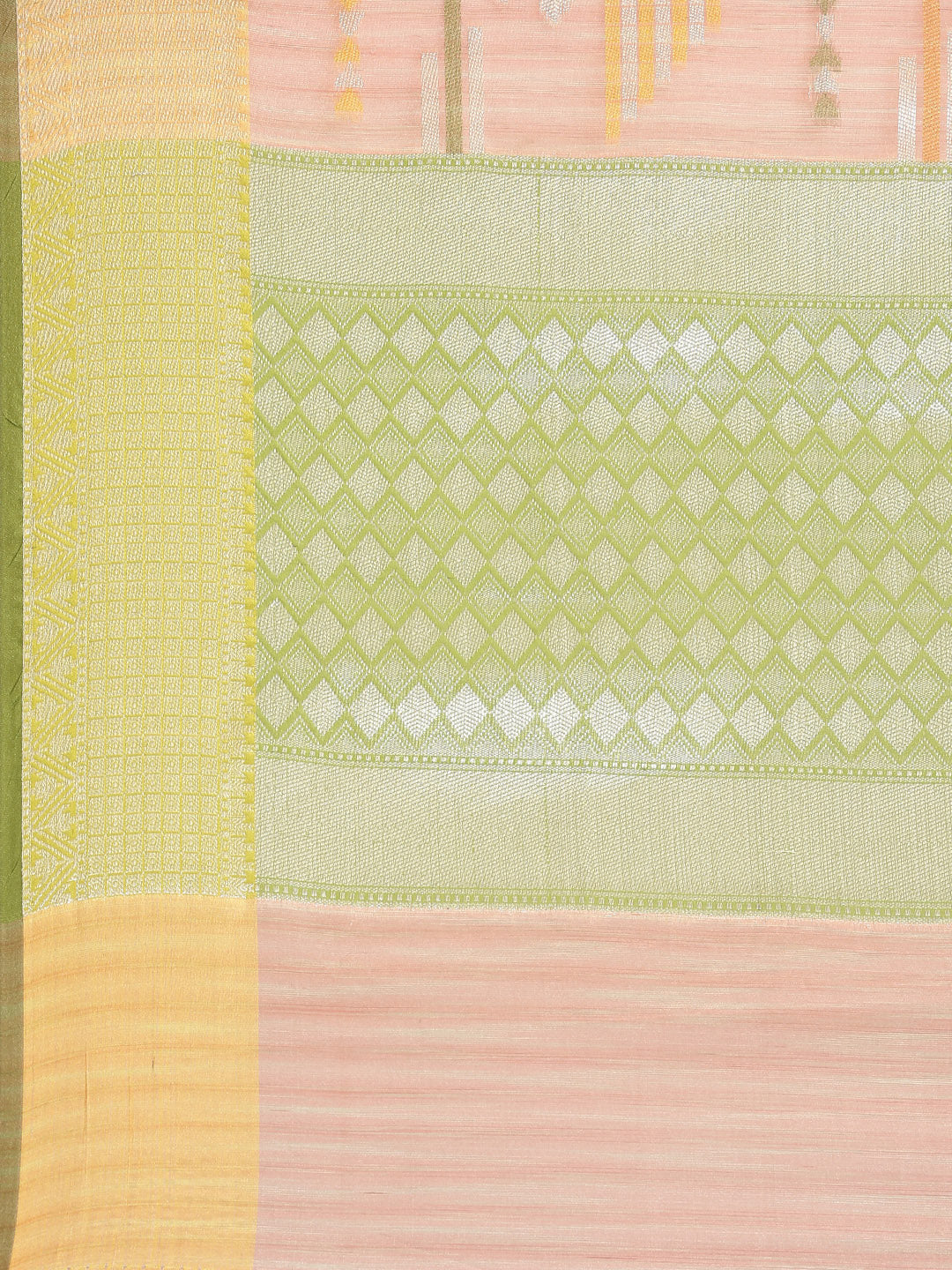 Faishana Presents Handwoven Peach Mulberry Silk Geometrical Motif Tilfi Zari Border With Parrot Green Blouse Banarasi Saree
