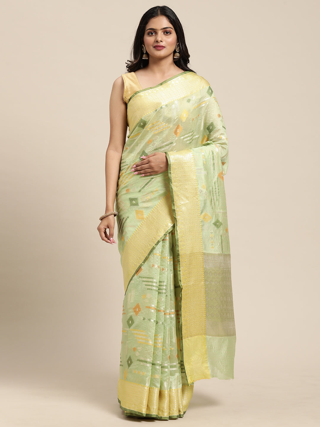 Faishana Presents Handwoven Pistachio Green Mulberry Silk Geometrical Motif Tilfi Zari Border With Parrot Green Blouse Banarasi Saree
