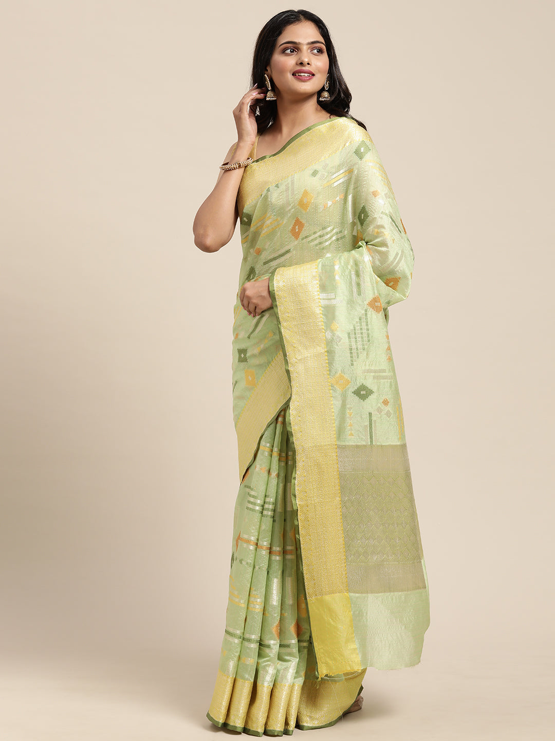 Faishana Presents Handwoven Pistachio Green Mulberry Silk Geometrical Motif Tilfi Zari Border With Parrot Green Blouse Banarasi Saree