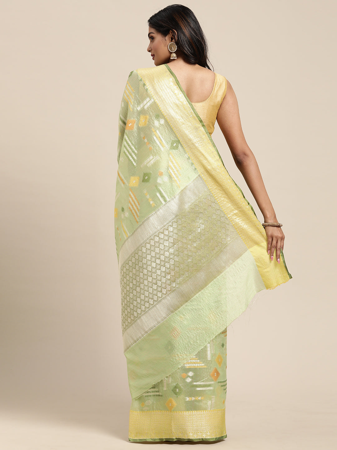 Faishana Presents Handwoven Pistachio Green Mulberry Silk Geometrical Motif Tilfi Zari Border With Parrot Green Blouse Banarasi Saree