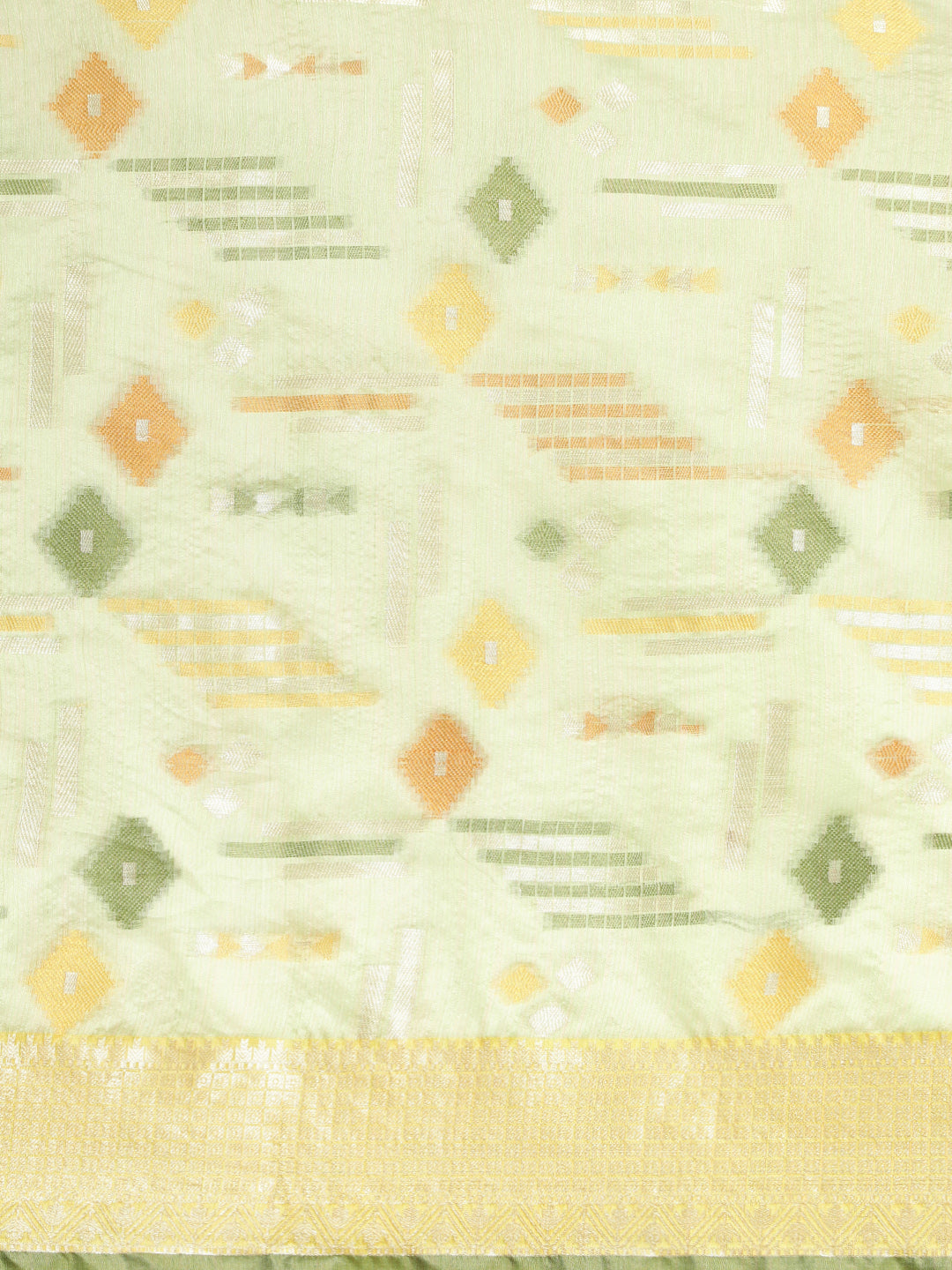 Faishana Presents Handwoven Pistachio Green Mulberry Silk Geometrical Motif Tilfi Zari Border With Parrot Green Blouse Banarasi Saree