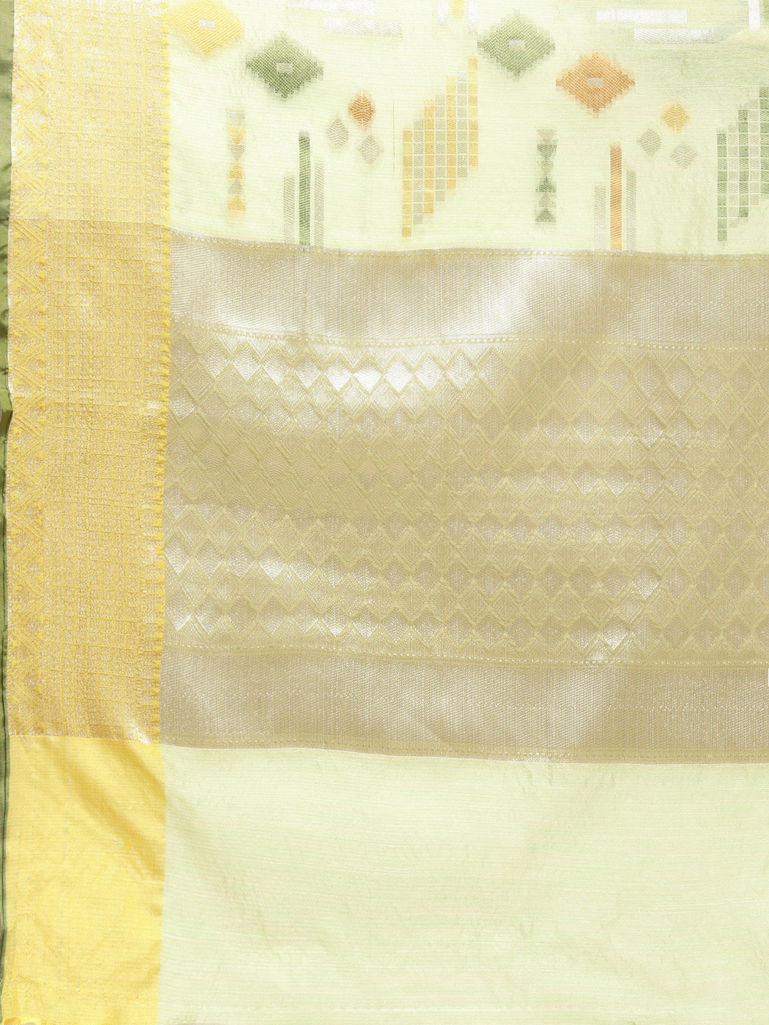 Faishana Presents Handwoven Pistachio Green Mulberry Silk Geometrical Motif Tilfi Zari Border With Parrot Green Blouse Banarasi Saree