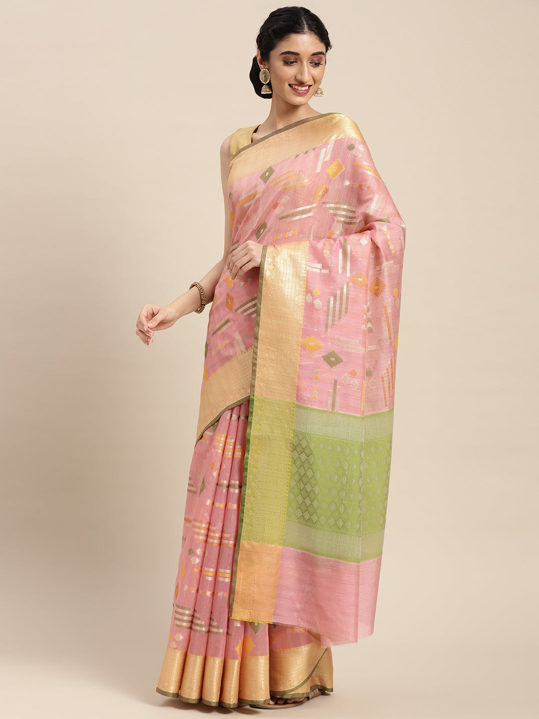 Faishana Presents Handwoven Pink Mulberry Silk Geometrical Motif Tilfi Zari Border With Parrot Green Blouse Banarasi Saree