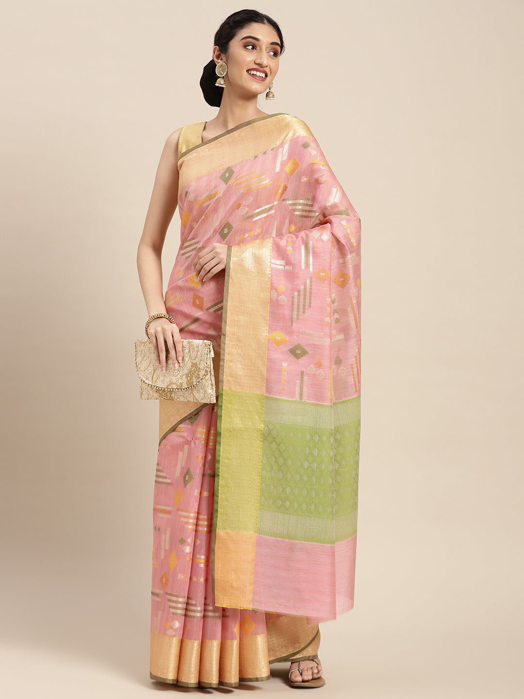 Faishana Presents Handwoven Pink Mulberry Silk Geometrical Motif Tilfi Zari Border With Parrot Green Blouse Banarasi Saree