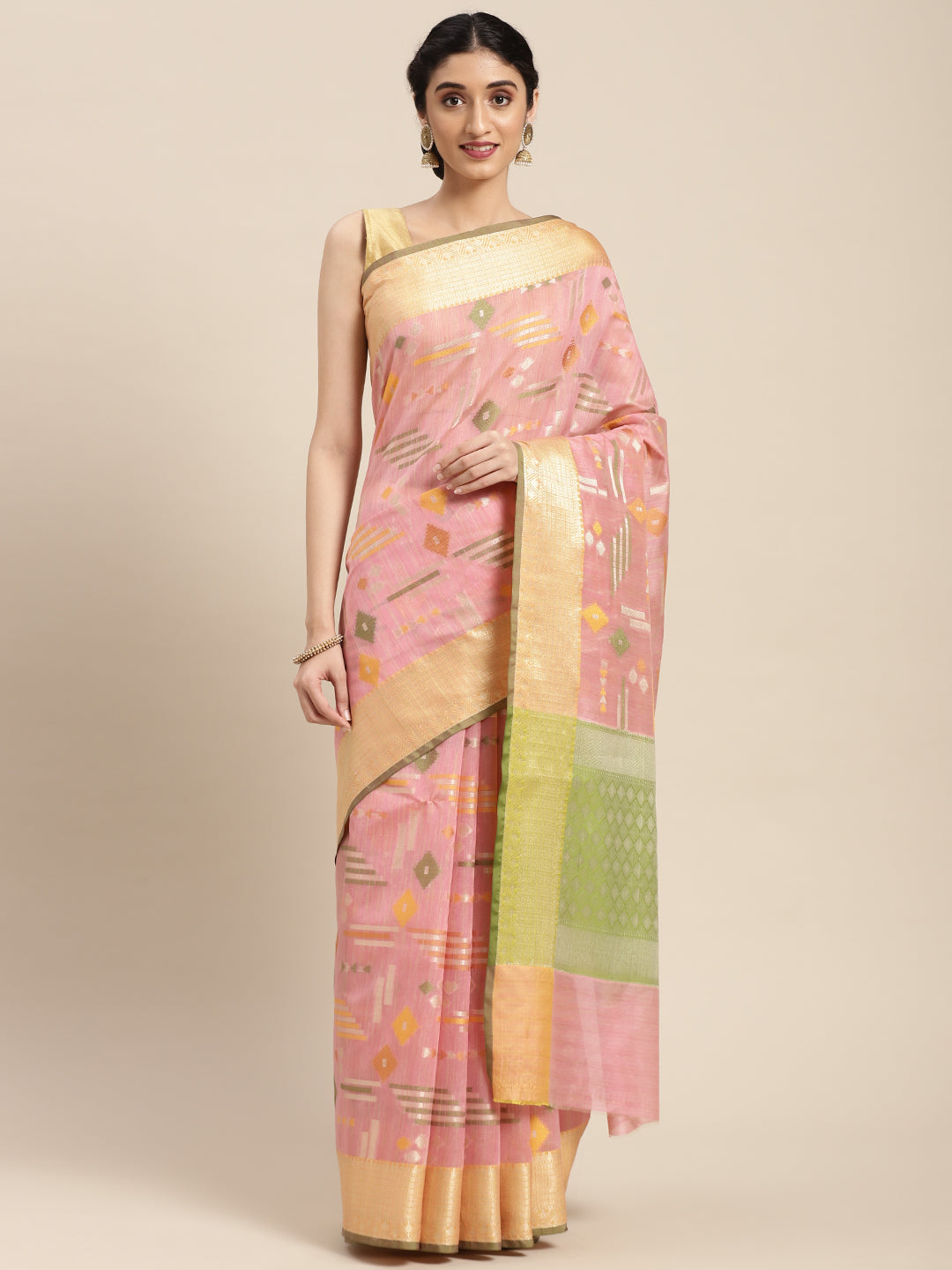 Faishana Presents Handwoven Pink Mulberry Silk Geometrical Motif Tilfi Zari Border With Parrot Green Blouse Banarasi Saree
