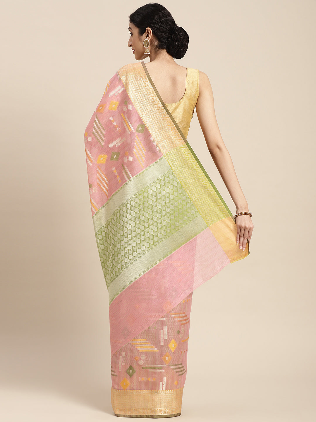 Faishana Presents Handwoven Pink Mulberry Silk Geometrical Motif Tilfi Zari Border With Parrot Green Blouse Banarasi Saree