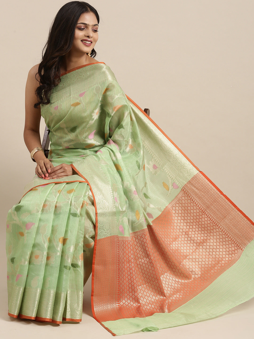 Faishana Presents Handwoven Pistachio Green Mulberry Silk Tilfi Jaal Zari Border With Orange Blouse Banarasi Saree