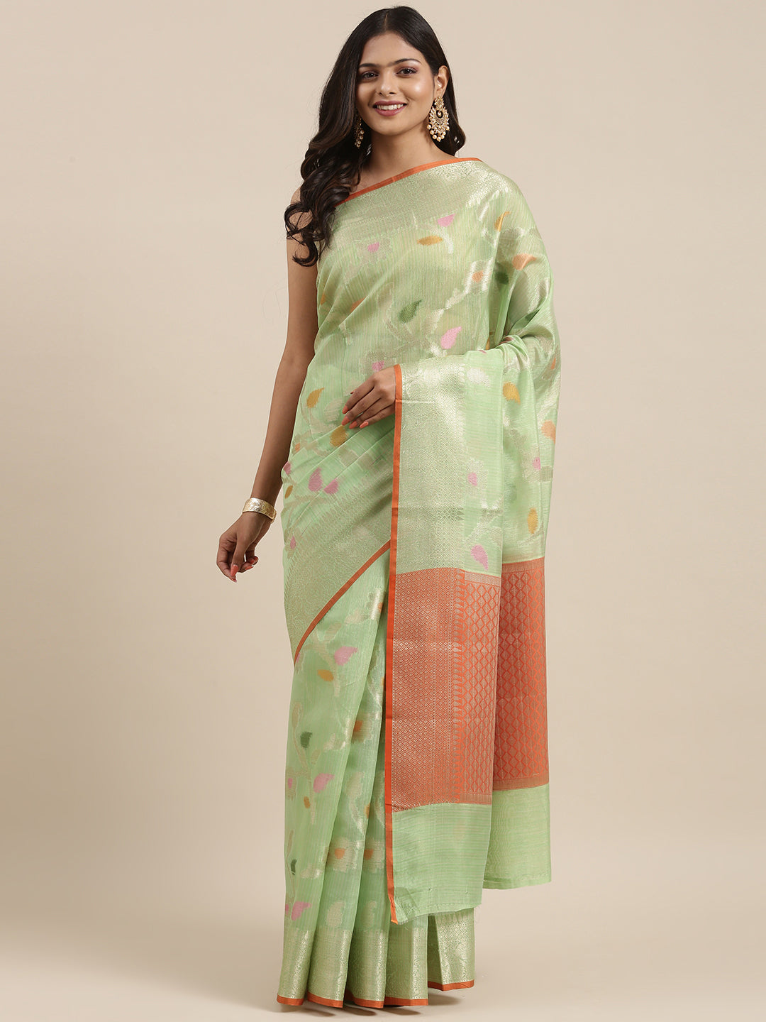 Faishana Presents Handwoven Pistachio Green Mulberry Silk Tilfi Jaal Zari Border With Orange Blouse Banarasi Saree