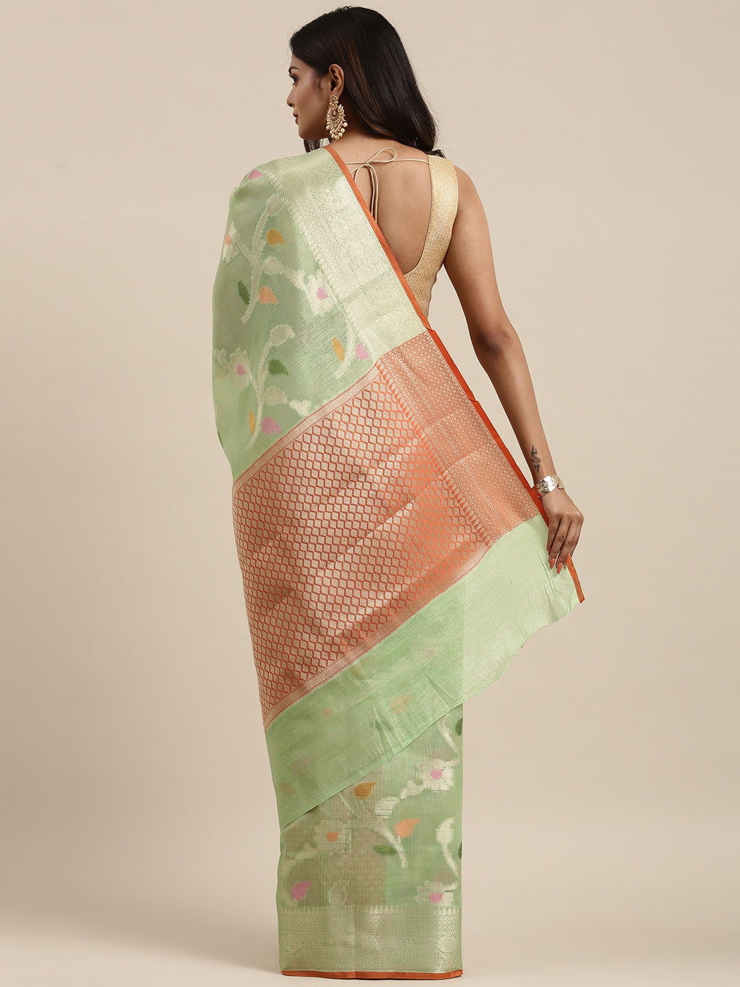 Faishana Presents Handwoven Pistachio Green Mulberry Silk Tilfi Jaal Zari Border With Orange Blouse Banarasi Saree