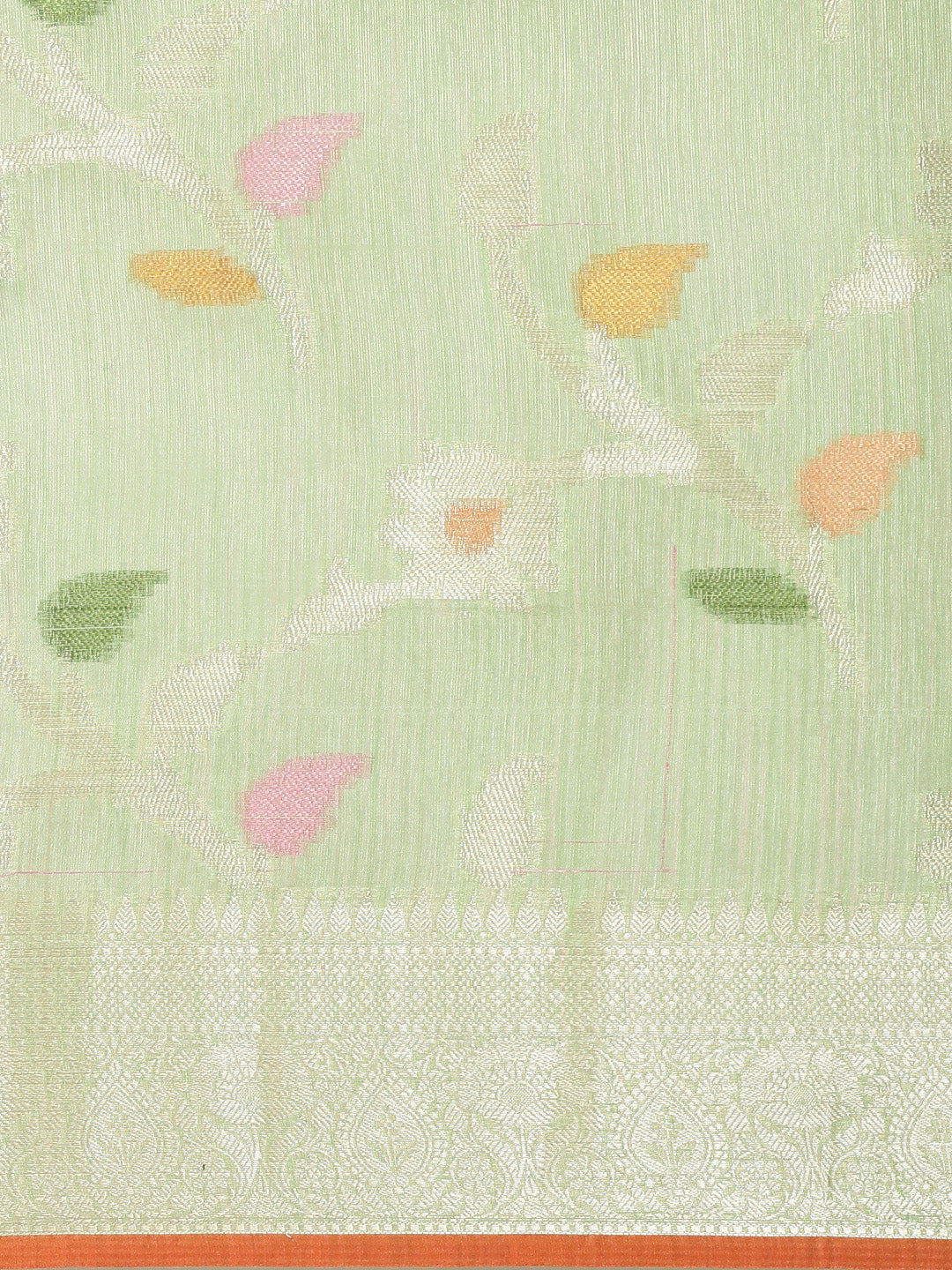 Faishana Presents Handwoven Pistachio Green Mulberry Silk Tilfi Jaal Zari Border With Orange Blouse Banarasi Saree