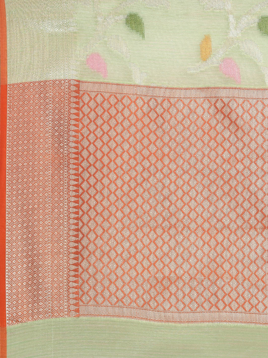 Faishana Presents Handwoven Pistachio Green Mulberry Silk Tilfi Jaal Zari Border With Orange Blouse Banarasi Saree